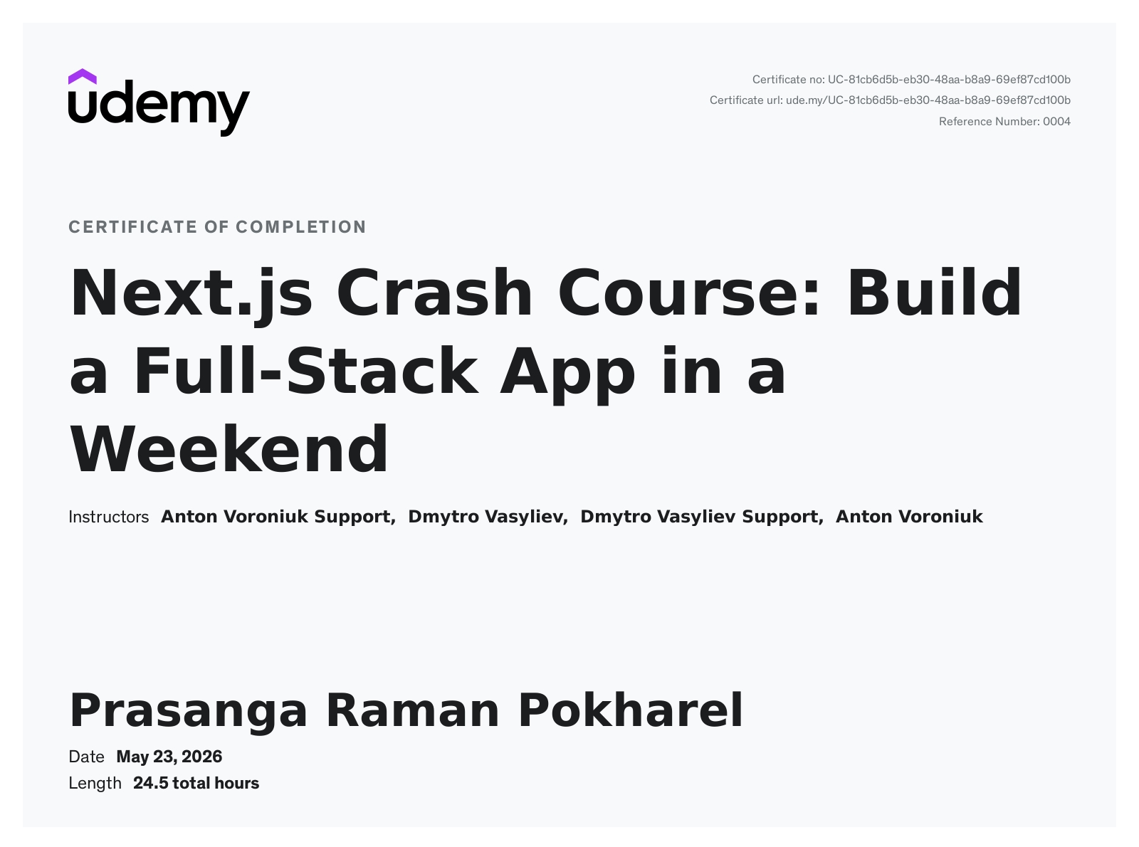 Next.js course certificate